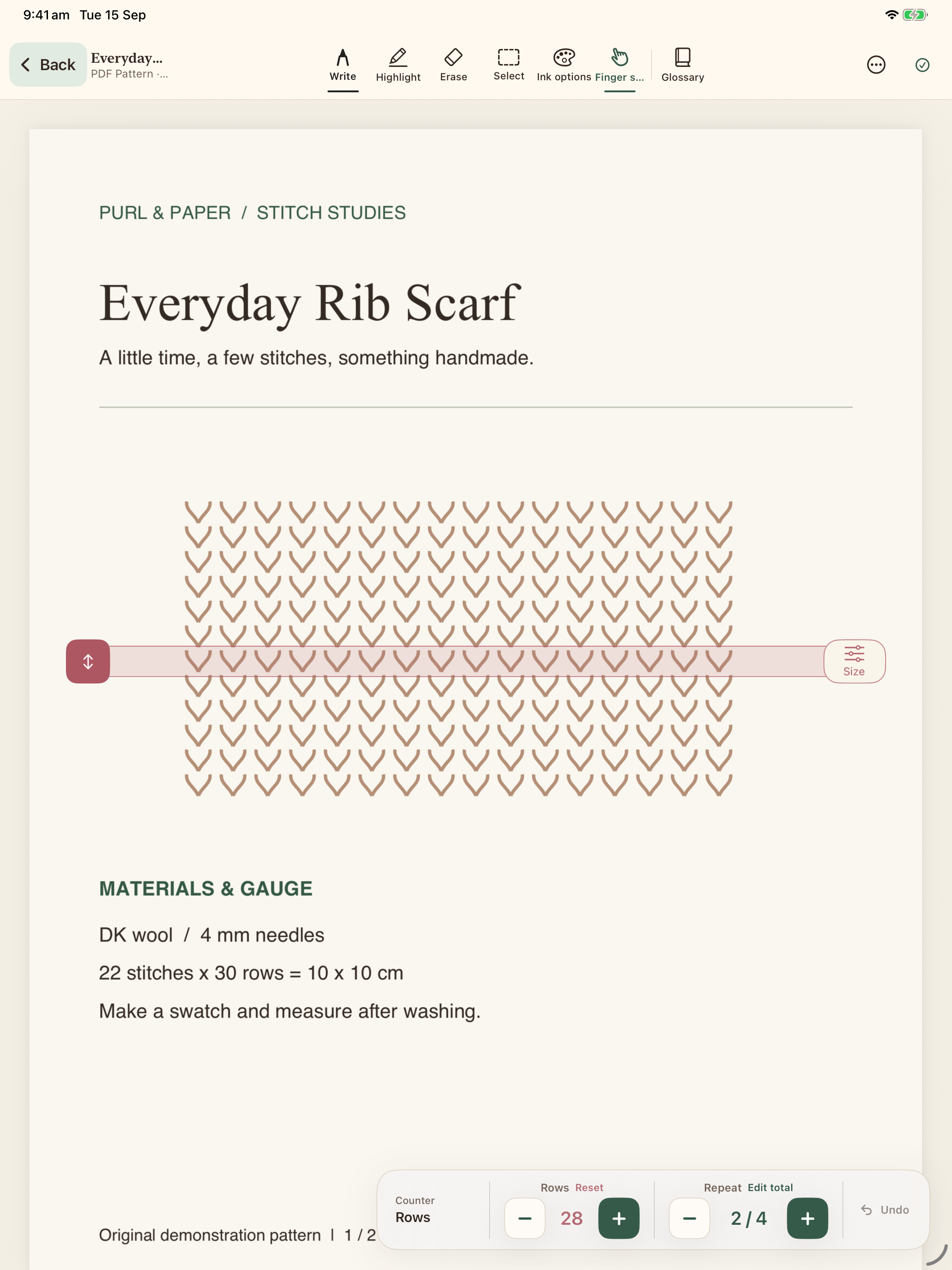 How to organise and annotate knitting PDFs on iPad in Purl and Paper